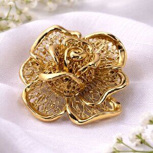 Gold-Tone Filigree Rose Flower Brooch Pin Vintage Jewelry Elegant Design
